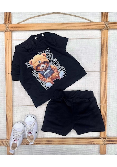 9-12-18-24 Ay Dansçı Ayıcık Baskılı Şortlu Kısa Kollu Tişört 2li Erkek Bebek Takımı Lacivert