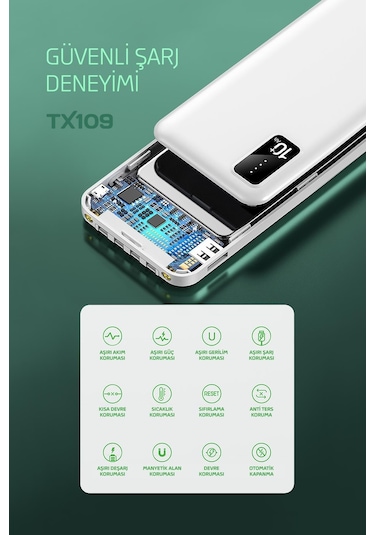 Powerway TX109 10.000 mAh Kablolu Dijital Göstergeli Dahili Stand Powerbank Siyah