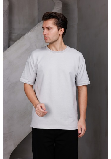 Erkek Basic Oversize Bisiklet Yaka 2 İki İplik Kompakt T-shirt Ekru