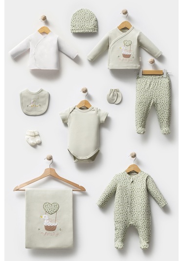 Sevimli Sepetteki Ördek Desenli 10 Parça Kutulu Yenidoğan Hastane Çıkışı Zıbın Seti Mint