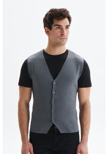 Arma Erkek Slim Fit Triko Yelek Pamuk Pima Cotton Düğmeli, V Yaka, Basic Stil K9kro0853 Gri