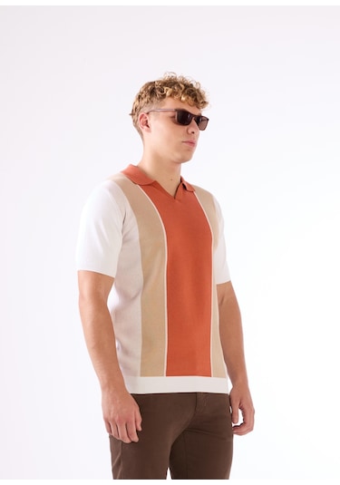 Dufy Kiremit Blok Desen Erkek Triko - Slim Fit KIREMIT