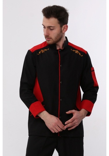 Uniprom Uzun Kollu Aşçı Ceketi Önlük Nakışlı Cepli Şef, Garson Siyah - Kırmızı