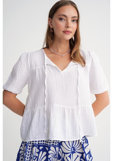 4715 Kadın Yakası Bağlamalı Kısa Kol Müslin Bluz Beyaz Beyaz