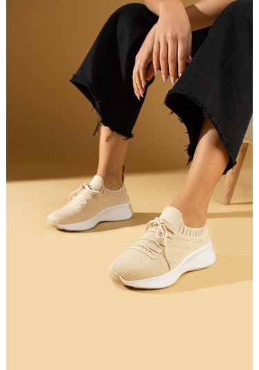 Shoetek Faina Kadın Sneakers Triko Dokumalı Bağcıklı Spor Ayakkabı Bej Bej