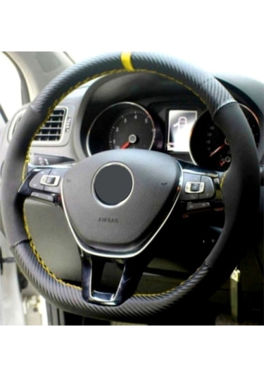 Chevrolet Cruze Uyumlu Dikmeli Direksiyon Kılıfı Alkantara-karbon Sarı Yüzüklü