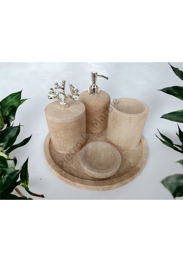 Sarı Traverten Klasik Model 5 Parça Gümüş Renk Mercan Aksesuarlı Banyo Seti Sarı Traverten