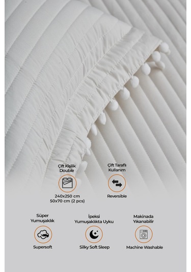 Evlen Home Collection Ponponlu Çift Kişilik %100 Pamuk Yatak Örtüsü Pike Takımı Krem Beyaz