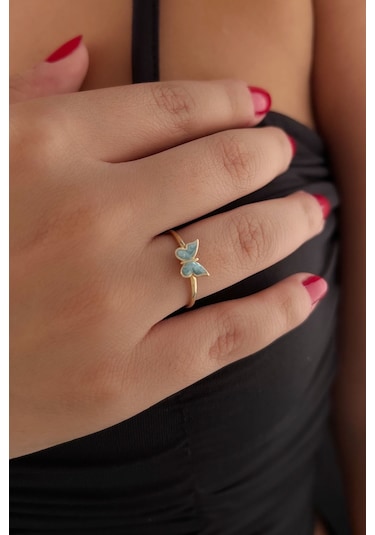 Fiyonk Kuyumculuk 14 Ayar Altın Mavi Mineli Kelebek Yüzük 001