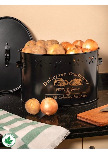 Lin Metal Büyük Boy Bölmeli Lüx Metal Patates Soğan Kovası - Siyah