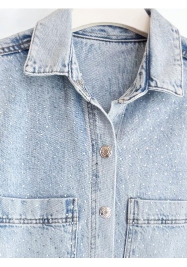 Kız Çocuk Taşlı Tasarım Kot Ceket-15581 Mavi