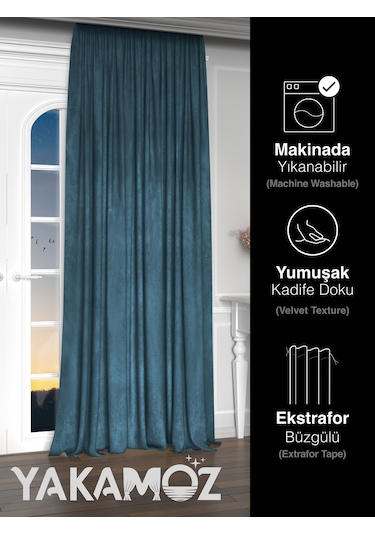 Yakamoz Kadife Görünüm Güvercin Mavisi Ada Fon Perde Ekstraforlu Velvet Touch Serisi Güvercin Mavisi