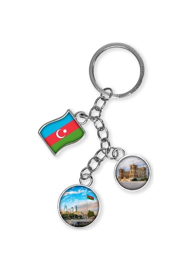 Azerbaycan Üçlü Epoksi Metal Çift Taraflı Damla Anahtarlık Azerbaijan Gümüş