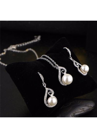 Pırlanta İşlemeli İnci Takı Seti Kolye Küpe, Sevgililer Günü