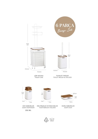 Okyanus Home Beyaz Ahşap Desenli Luna Kare Yedekli Wc Kağıtlık Ve 6 Parça Banyo Seti