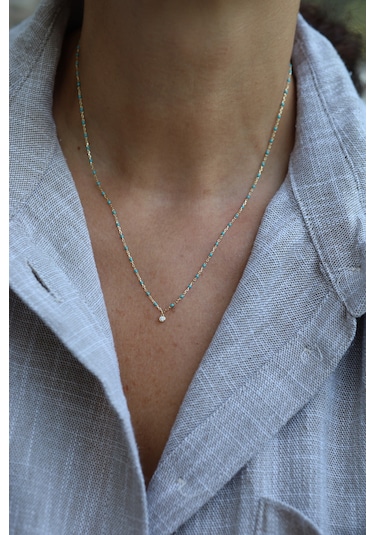 Yenigün Kuyumculuk 14 Ayar Altın Turkuaz Taşlı Ve Tek Taş Detaylı Kolye Kly17570 Sarı Altın