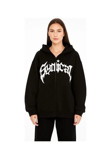 Kadın Oversize Kapüşonlu Sweatshirt Hoodie 3 İplik Şardonlu Pamuklu Kumaş, Önü Baskılı, Fermuarlı R Siyah