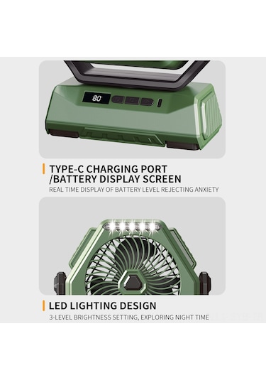 Symbee A26 Yeşil Kamp Fanı, 6000mah Pil, 3 Seviye Işık Ve Rüzgar, Otomatik Sallama, Portatif Dış Mekan Kullanıma Uygun