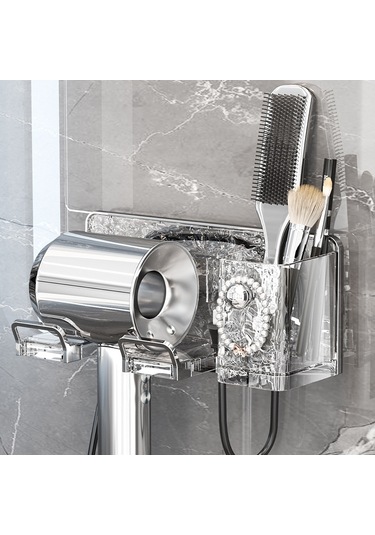 Fosenze Banyo Duş Makinesi Tutucu, Plastik Duvarlı Depolama Rak, Delme Yok, Çok Fonksiyonlu Saç Kurutucu Stant Şeffaf Gümüş Diğer