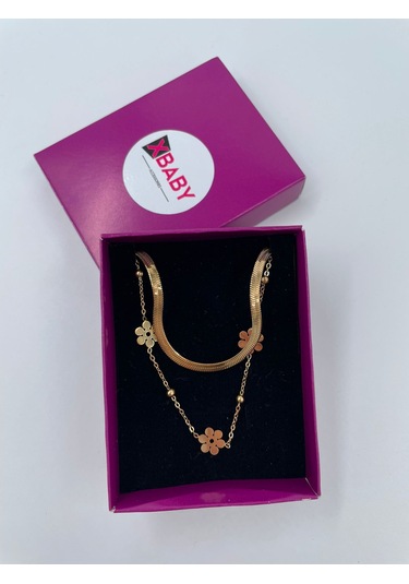 Xbaby İkili Yonca Çiçekli Çelik Gold Kolye Gold