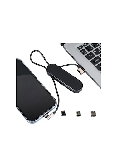 Pm-25906 Siyah 3ın1 Type C- Lightning- Micro Usb Manyetik Uç Taşınabilir Şarj Kablosu