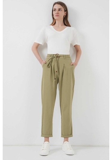 Gabria Kemerli Duble Paça Keten Pantolon Haki