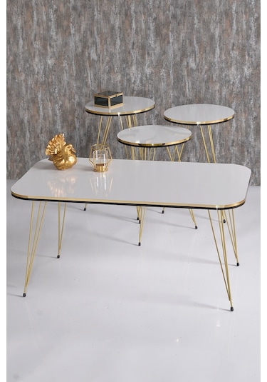 Zigon Sehpa Ve Orta Sehpa Kr Set Çift Gold Beyaz Tel Ayak