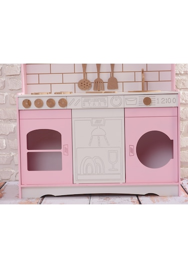 Boyalı Pembe Ahşap Oyuncak Bulaşık Makine Detaylı Mutfak Tabak Ve Spatula Seti Hediye