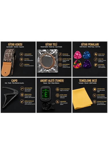 Valares Profesyonel Gitar Aksesuar Seti Tuner + Capo + Tel + Pena + Askı + Temizlik Bezi Full Set
