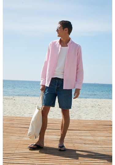 Grımelange Perttu Erkek %100 Pamuk Slim Fit Dar Kesim Düğmeli Yaka Keten Görünümlü Flamlı Pembe Göml Pembe