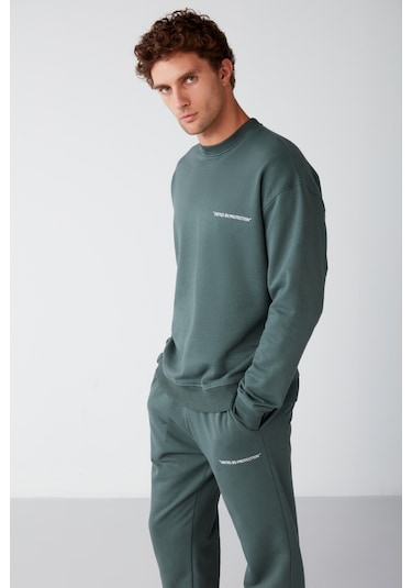 Marshall  Erkek Pamuklu Içi Polarlı Nakışlı Relaxed Koyu Yeşil Eşofman Takımı