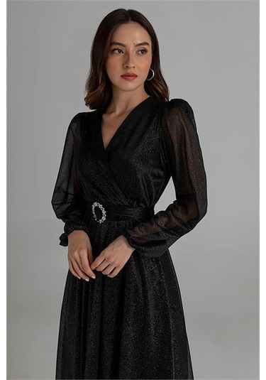 Dipmoda Kadın Kemerli Kruvaze Yaka Simli Gece Elbisesi Dpnbmy3590 Siyah
