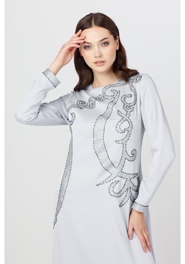 Gri - Önü Desenli Abiye Elbise Gri