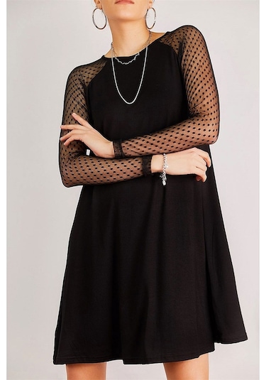 Aqe Fashion Kadın Siyah Kolu Puantiyeli Tül Elbise Siyah