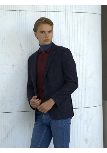 Erkek Yün Ceket Nopeli Mono Yaka Torba Cep Çift Yırtmaç Slim Fit Ceket Ncs Jeans 4003-Lacivert