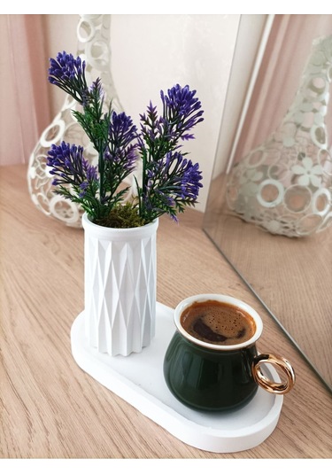 Mini Desenli Beton Saksı Tekli Ve Oval Tabak - Yapay Çiçek Hediyeli - Mor Tomurcuk