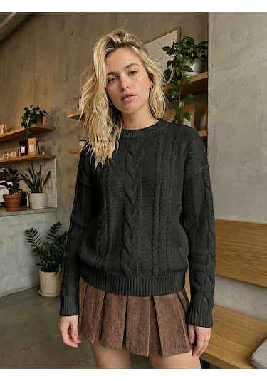 Sayzen Your Shine Saç Örgülü Basic Regular Triko Kazak Sy-2605 Siyah