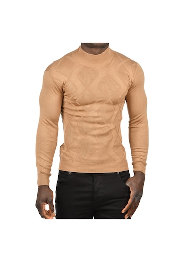 Deepsea Erkek Camel Deepsea Baklava Desenli Slim Fit Yarım Balıkçı Yaka Triko Boğazlı Kazak 2505511 Camel