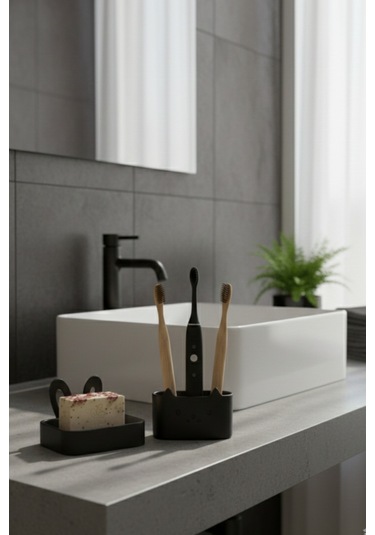 Oxyteez Dekoratif Banyo Sabunluk Seti Siyah Renk Reçine Tasarım Ev Ve Ofis Dekorasyonu