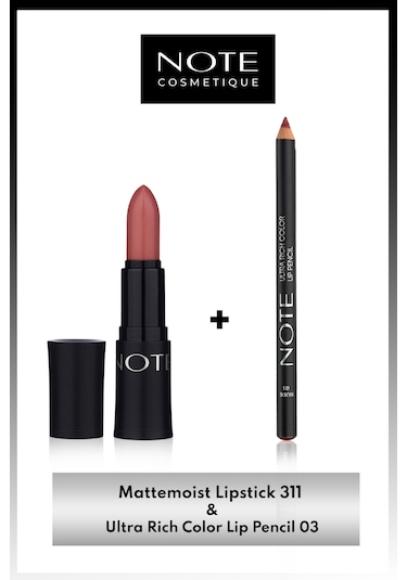 Note Cosmetics Mattemoist Lipstick Mat Bitişli Ruj 311 Satin Cup + Ultra Rich Color Dudak Kalemi 03 Nude