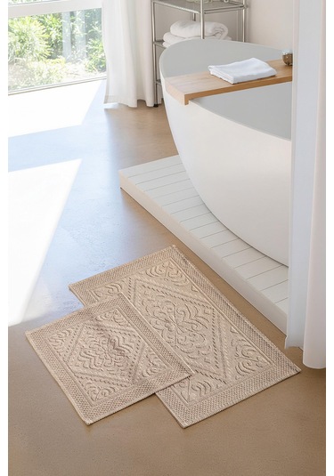 Soley Violeta 2'li Banyo Paspas Seti Kaymaz Taban %100 Pamuk 60x100 - 50x60 Cm Bej