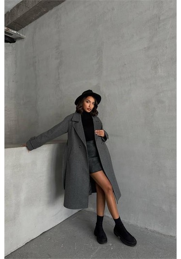 Neşeli Butik Kadın Astarlı Antrasit İthal Kaşe Kaban Nbg048 Antrasit
