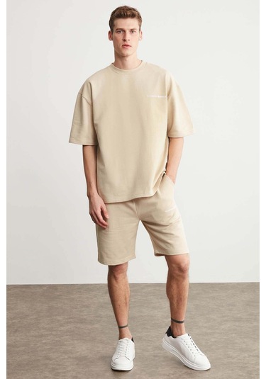 Colombıa Erkek 2'li Set Comfort Fit Rahat Kalıp Yazı Nakışlı Şardonsuz Bej Eşofman Takımı