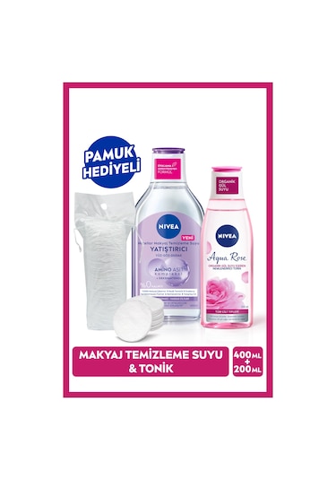 NIVEA Yatıştırıcı Micellar Makyaj Temizleme Suyu 400 ML + Aqua Rose Nemlendirici Tonik 200 ML + Pamuk