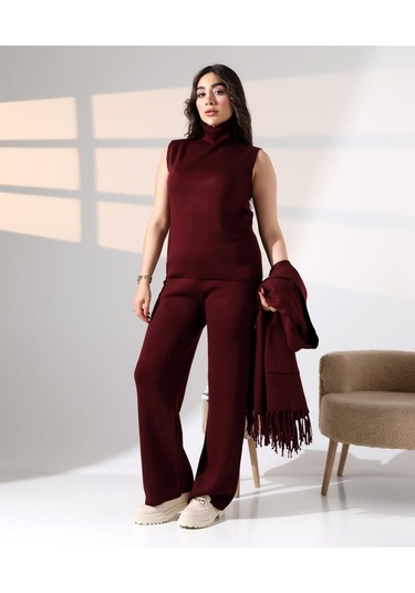 Bohem Şıklık Püskül Detaylı Üçlü Triko Takım Bordo