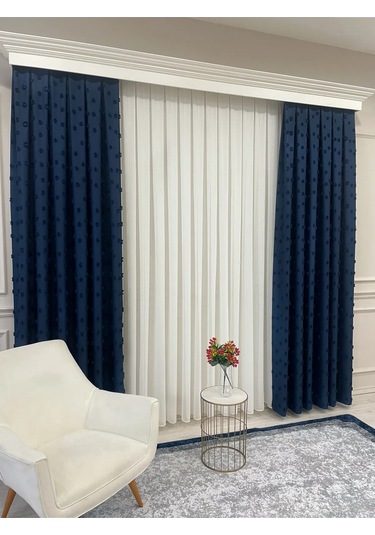 Brillant Carla Puffy Püsküllü Perde İstenilen Tüm Ölçülerde Lacivert Lacivert