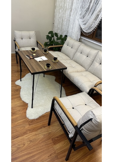 Modern Style Home Modern Kadıköy Balkon, Bahçe, Cafe - Metal Kanepe Koltuk Takımı - 3+1+1+masa Krem Modernk028 Krem