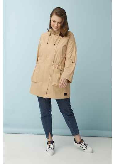 Rivetli Çıkarılan Kapüşonlu Plus Trençkot - Bej