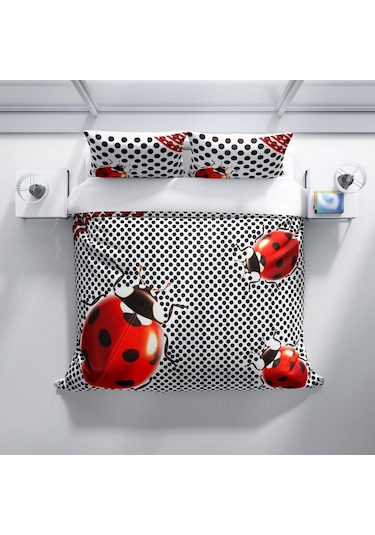 Cattleya Ladybug 3D Pamuk Saten Çift Kişilik Nevresim Takımı Çok Renkli