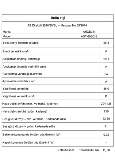 Arçelik ADT 606-2 B Fibona Serisi Ankastre Duvar Tipi Davlumbaz